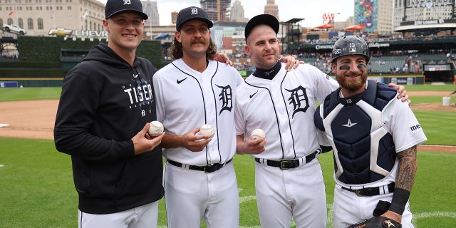 Detroit Tigers celebrate their combined no hitter