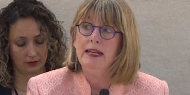 UN expert Fionnuala Ní Aoláin addressing the UN's Human Rights Council in March 2023