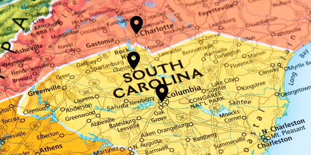 A map showing Charlotte, Chester and Columbia