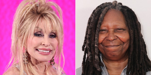Dolly Parton smiles with a hot pink back drop split Whoopi Goldberg soft smiles on the carpet