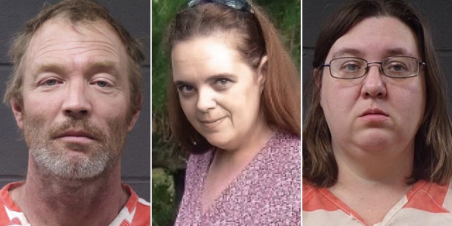 Ashley Bush smiling, center, Jamie and Amber Waterman mugshots at left, right