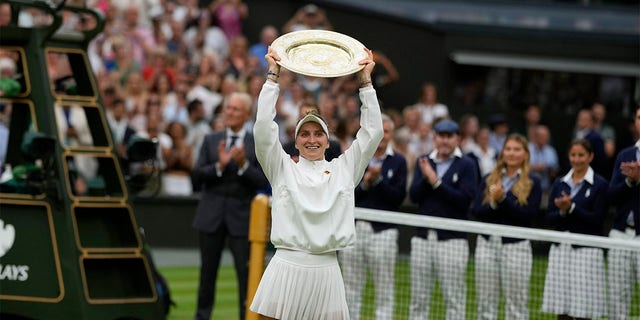 Marketa Vondrousova celebrates winning Wimbledon