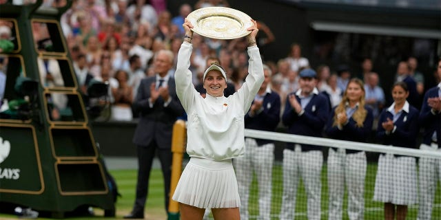 Marketa Vondrousova celebrates winning Wimbledon