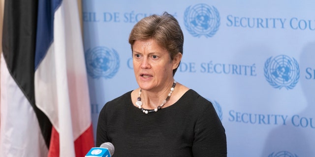 UN Ambassador Dame Barbara Woodward addresses the media