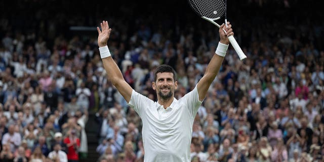 Novak Djokovic celebrates his Wimbledon semifinal victory