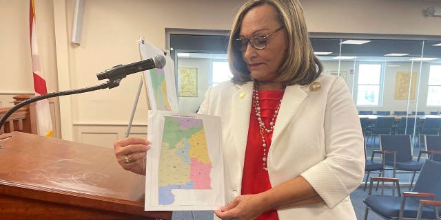 senator holds a copy of a GOP congressional map proposal 