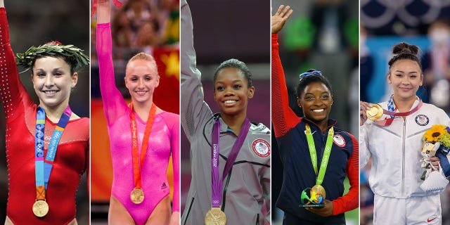 Carly Patterson, Nastia Liukin, Gabrielle Douglas, Simone Biles, and Suni Lee pose with their gold medals