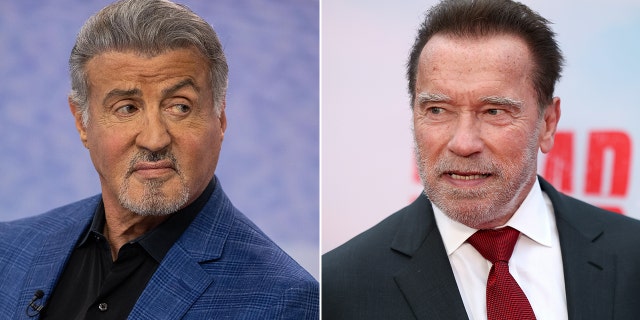 A split image of Sylvester Stallone and Arnold Schwarzenegger