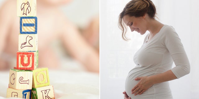 baby name split with building blocks and pregnant mom