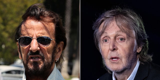 Ringo Starr in a white jacket and sunglasses split Paul McCartney in a black vest on stage with his mouth slightly open