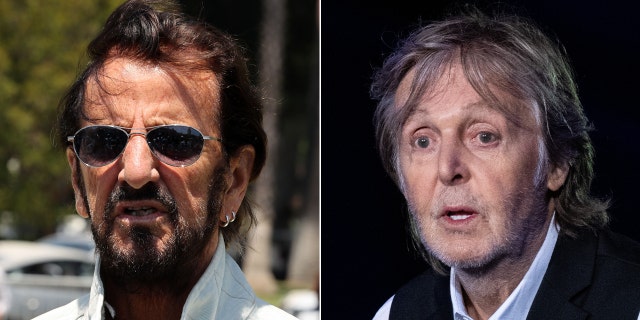 Ringo Starr in a white jacket and sunglasses split Paul McCartney in a black vest on stage with his mouth slightly open