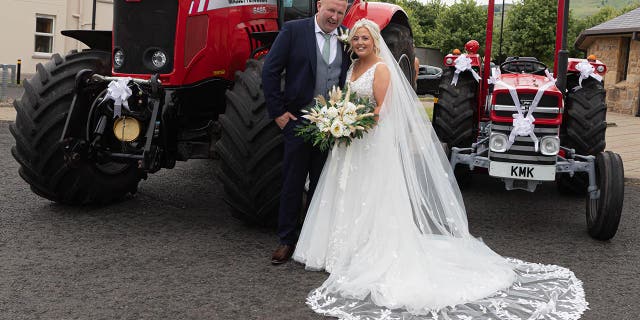 bride gets to wedding on tractor