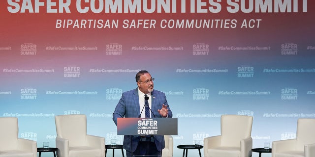 Miguel Cardona, US secretary of education, speaks during the National Safer Communities Summit at Hartford University in West Hartford, Connecticut, US, on Friday, June 16, 2023. The Biden administration is taking steps to make it easier for young people, particularly those affected by violence, to receive mental health services, part of a move to bolster federal gun-safety efforts following the Bipartisan Safer Communities Act that was signed into law last year. Photographer: Bing Guan/Bloomberg