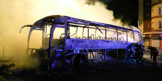 Bus destroyed by fire during France protests