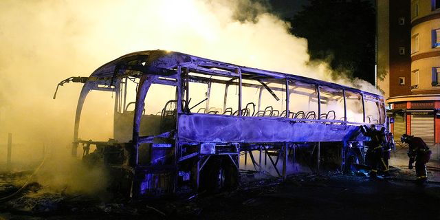 Bus destroyed by fire during France protests