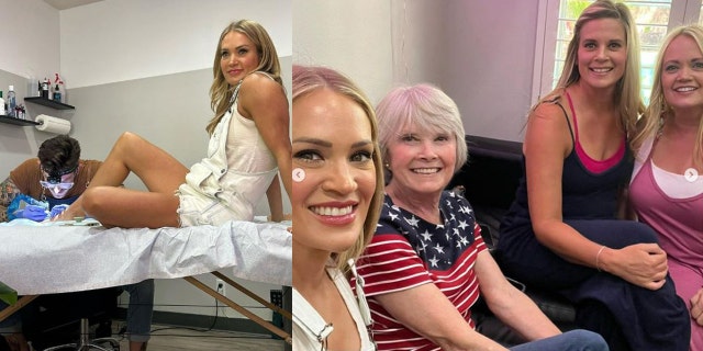 Carrie Underwood wears white overalls while getting a tattoo on her foot with her family