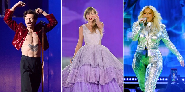 Harry Styles in red, Taylor Swift in purple and Bebe Rexha in metallic silver all perform on stage (separately)