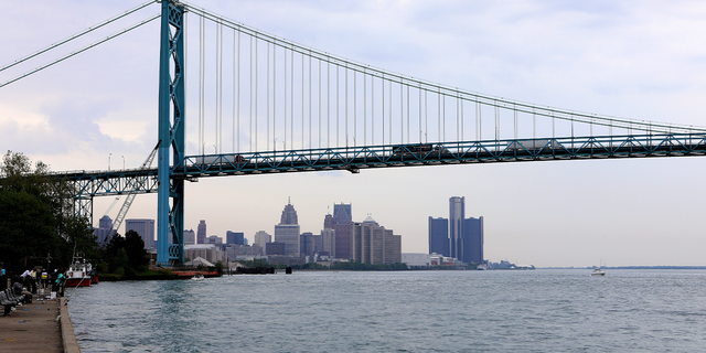Detroit skyline with bridge in foreground