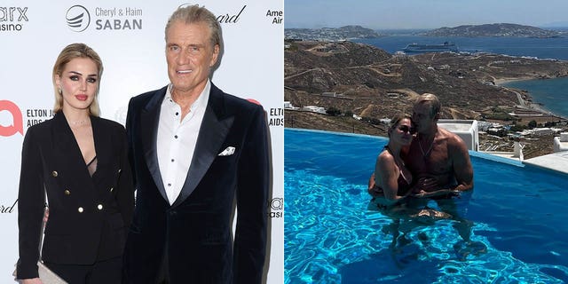 emma krokdal and dolph lundgren on red carpet/emma and dolph in pool in mykonos