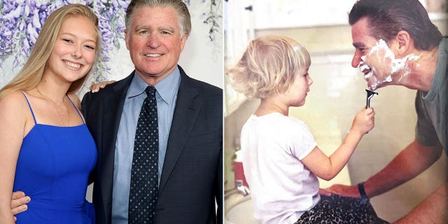 Treat Williams smiles in a suit with his daughter Elinor on the carpet inset a photo of Elinor as a toddler shaving Treat's face