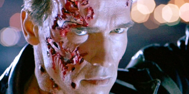 Arnold Schwarzenegger in the "Terminator 2" looking fierce