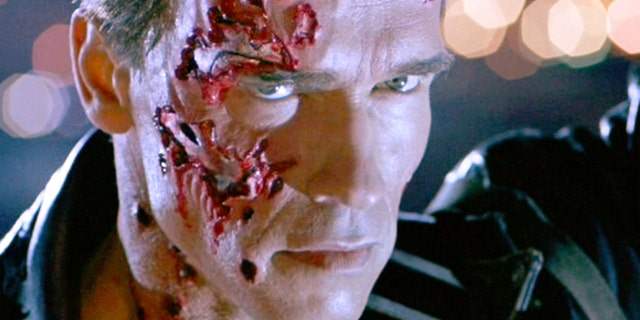 Arnold Schwarzenegger in the "Terminator 2" looking fierce