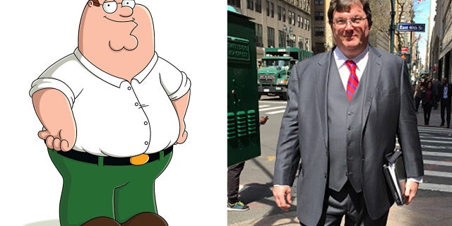 Peter Griffin next Rex Heuermann standing on a city street in a gray suit and red tie.