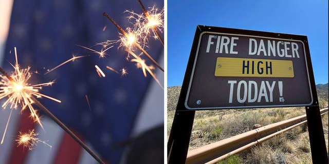 A split of a firecracker and a fire danger sign