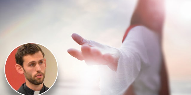 inset of priest over a picture of Jesus outstretching his hand