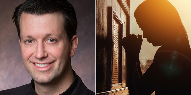 photo split of young brunette priest and woman praying in front of a confessional grille