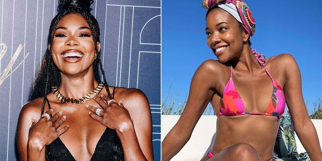 Split image of Gabrielle Union at an event and at the beach