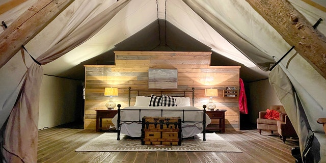 The inside of a tent at a glamping resort