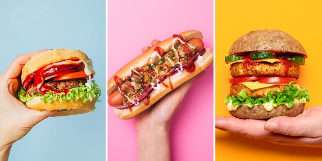 hamburger hot dog and veggie burger split