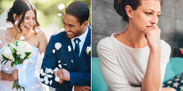 Happy newly married couple, left, and sad lonely woman, right