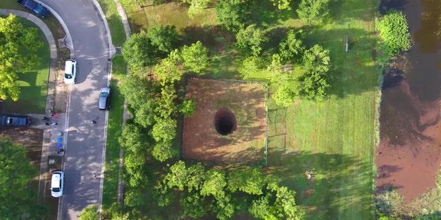 An aerial view of the sinkhole in Seffner, Florida