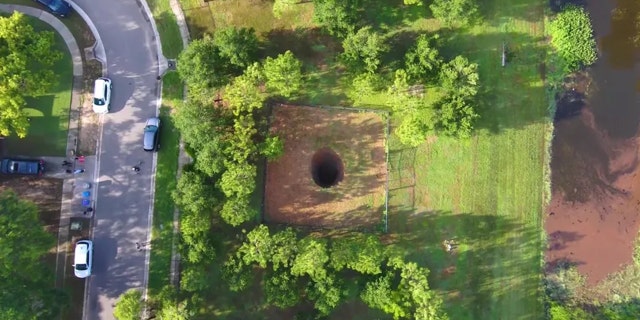 An aerial view of the sinkhole in Seffner, Florida