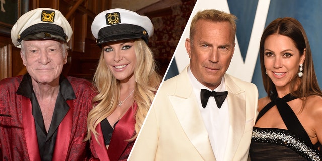 Hugh and Crystal Hefner wearing red robes and sailors hat split Kevin Costner and his wife Christine on the red carpet