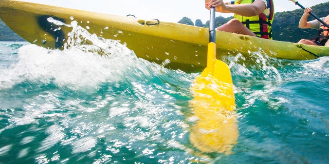 Person paddles oar while in kayak.