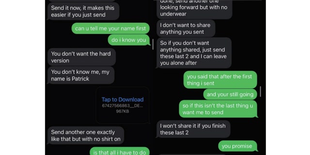 Text messages from Starkylol extorting a victim for more nude images