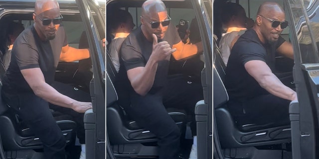 Jamie Foxx getting out of his town car to give a woman her missing purse