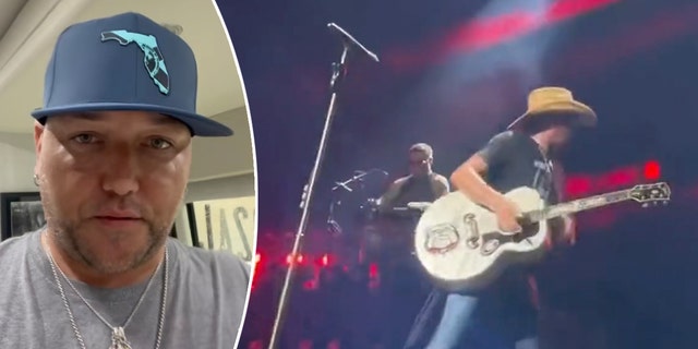 Jason Aldean wearing a Florida hat talking to the camera split Jason Aldean running off stage