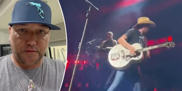 Jason Aldean wearing a Florida hat talking to the camera split Jason Aldean running off stage