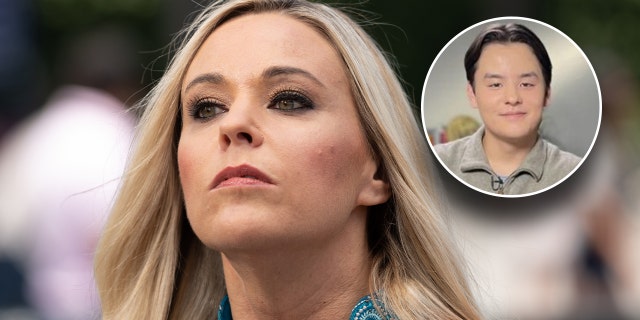 Kate Gosselin looks up in a blue top inset circle of Collin Gosselin smiling