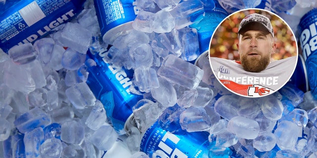 Travis Kelce with cans of Bud Light in background