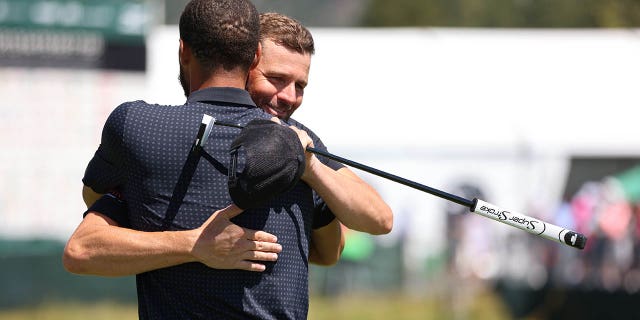 Mardy Fish congratulates Steph Curry on winning the American Century Championship