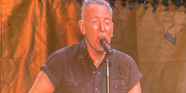 Bruce Springsteen sings into microphone during performance on stage