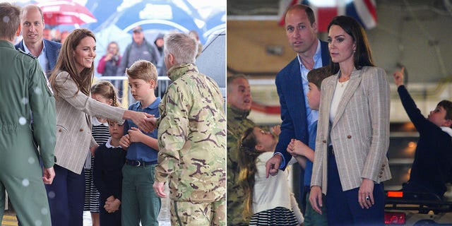 Two images of Prince William and Kate Middleton with their kids.