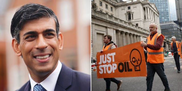 UK PM Rishi Sunak smiles in suit, oil protestors hold signs during protest