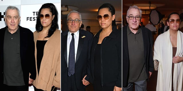 Three pictures of Robert De Niro and partner Tiffany Chen out together
