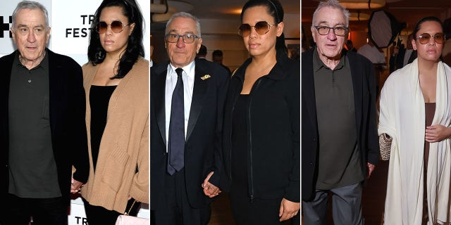 Three pictures of Robert De Niro and partner Tiffany Chen out together